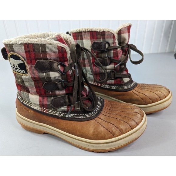 Sorel Shoes - Sorel NL1653-704 Tivoli Red Leather Plaid Sherpa Duck Snow Boots Womens Size 6‎